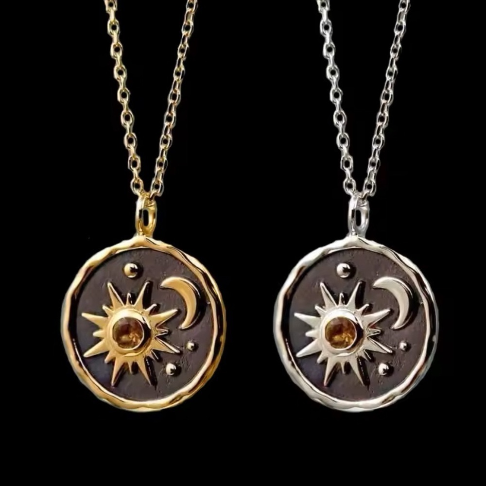 18K White Gold Sun And Moon Medallion Pendant With Amber Gemstone Inlay - Picture 5 of 8